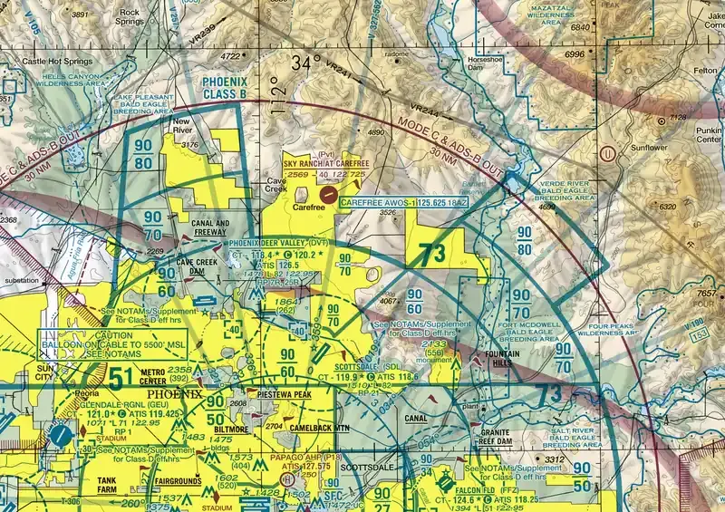 Top-down sectional view of Class B airspace showing solid blue concentric rings with shelf floor numbers like 100/40 marked on each ring