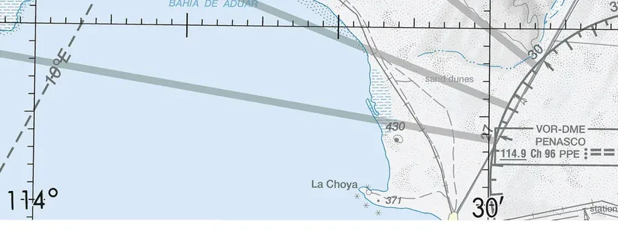 Sectional chart edge showing 30-minute graticule lines and 1-minute tick marks used to plot coordinates