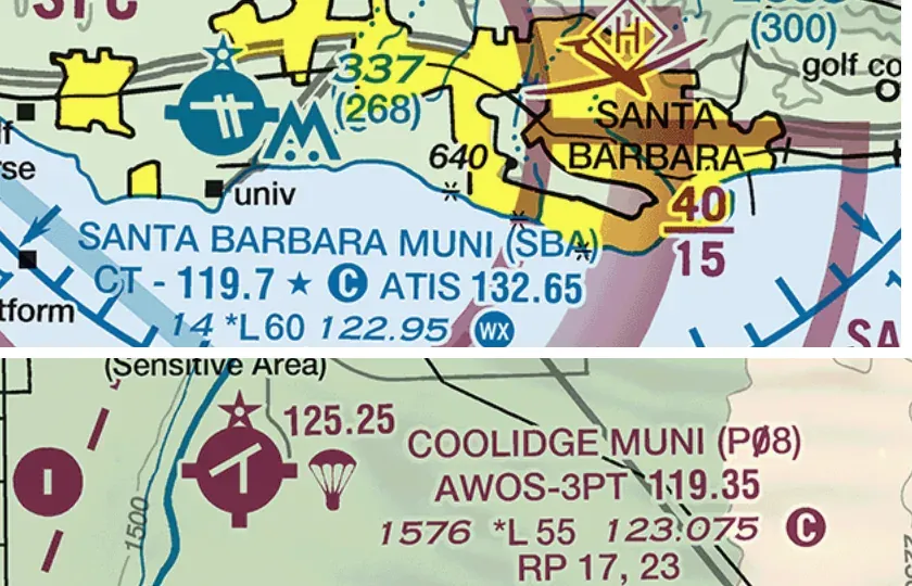 Two airport data blocks on a sectional chart: a blue towered airport with CT frequency and a magenta non-towered airport with CTAF