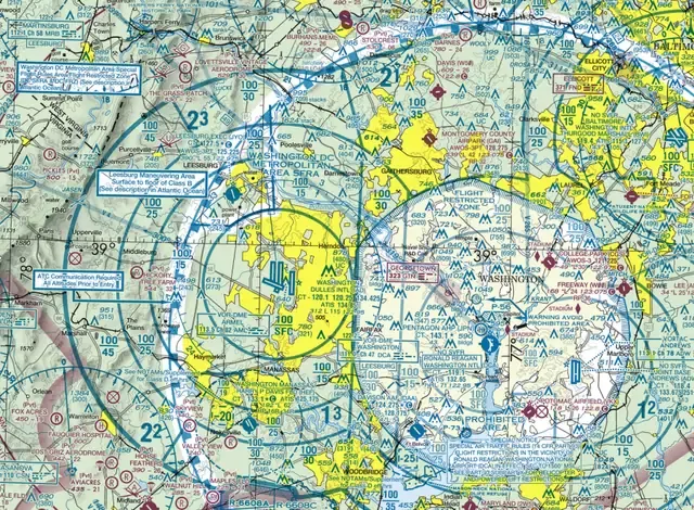 Washington DC sectional area showing the Special Flight Rules Area and Flight Restricted Zone boundaries