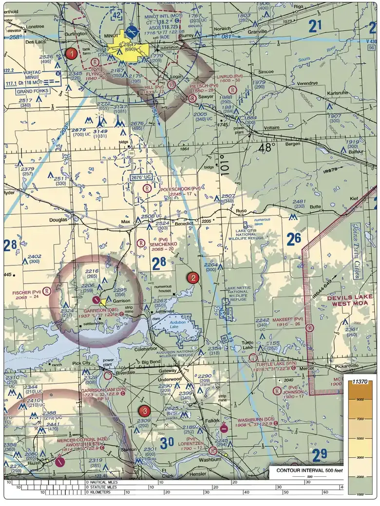 FAA testing supplement Figure 21: sectional chart excerpt with numbered test areas used for airspace questions