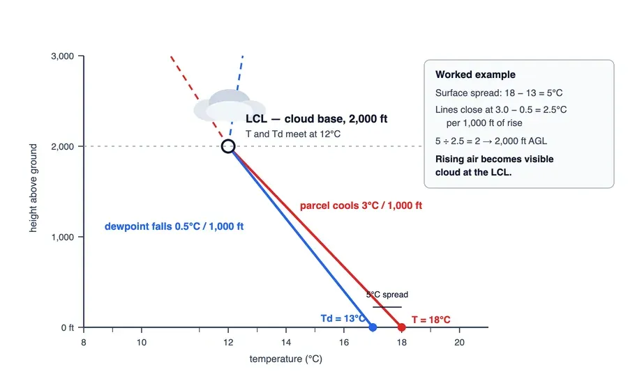 Diagram of rising air parcel temperature and dewpoint converging at the lifted condensation level, forming cloud base