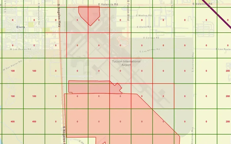 UAS Facility Map grid ceilings around an airport, showing LAANC automatic-authorization altitudes per grid square